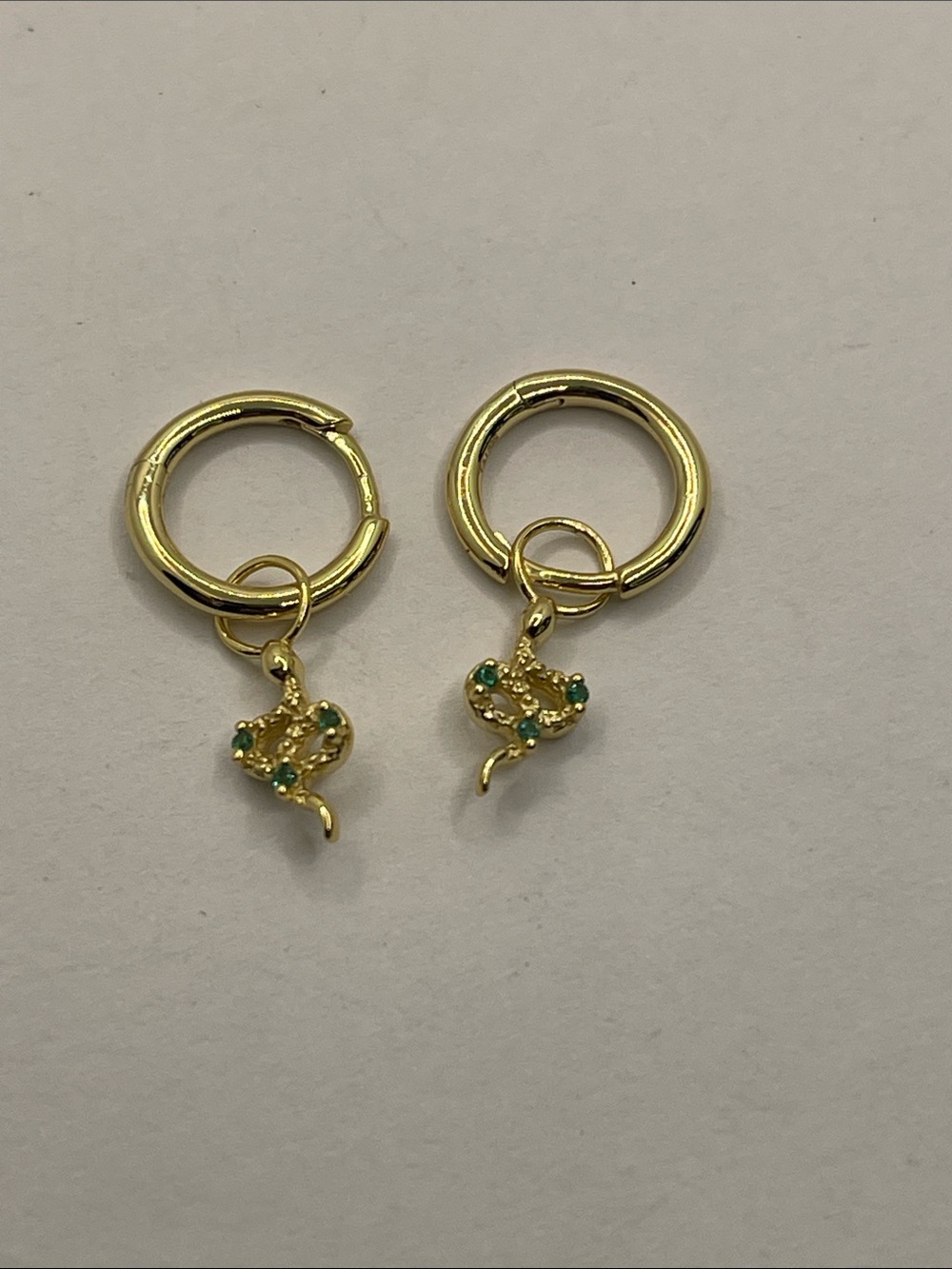 TAI Snake Charm Huggies 925 Silver Gold Vermeil Green Cubic Zirconia